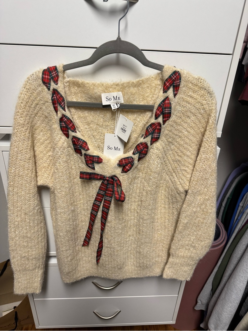 So Me Cream V-Neck Sweater with Red Plaid Ribbon Trim